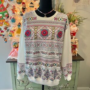 Blast 90s Y2K‎ Vintage White Colorful Boho Mandala Paisley Crewneck Sweater Sz L